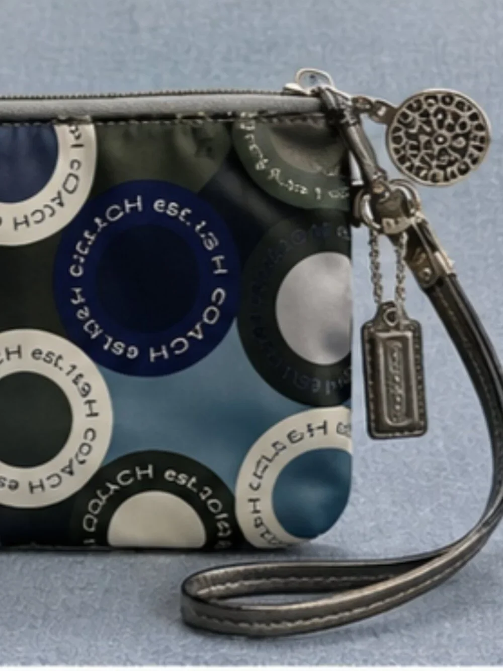 Coach Multicolor Dot Print Wristlet Pouch Gray Blue Silver Zip Clutch